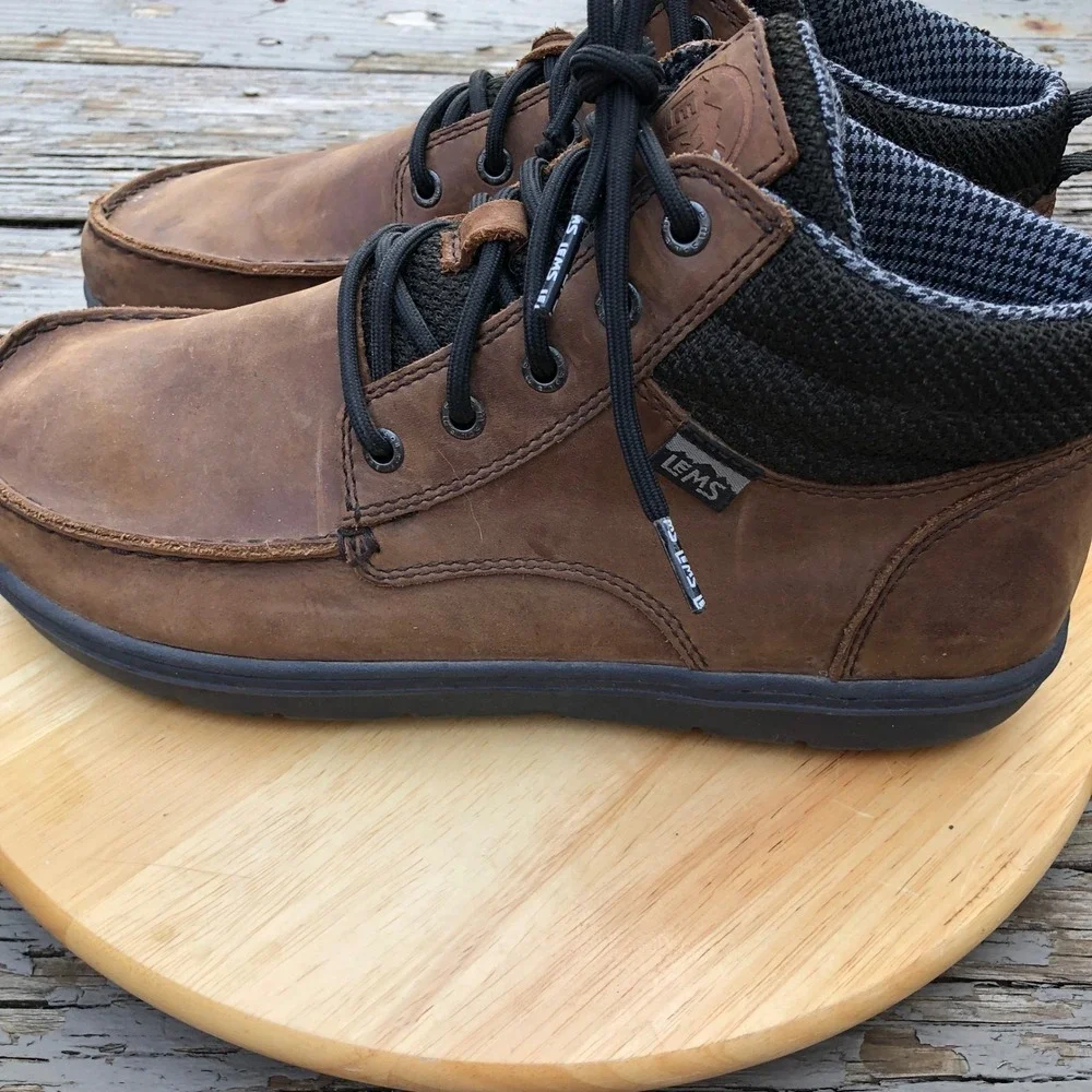 Lems Boulder Boot Mid Mens 11 US Brown Leather Hiking Barefoot Zero Drop Chukka